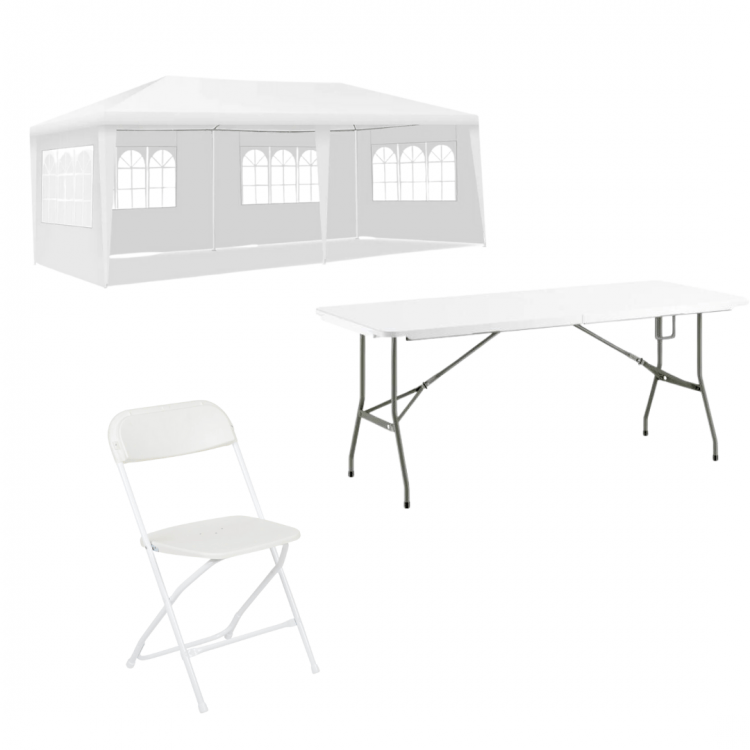 Tents, tables, and chairs